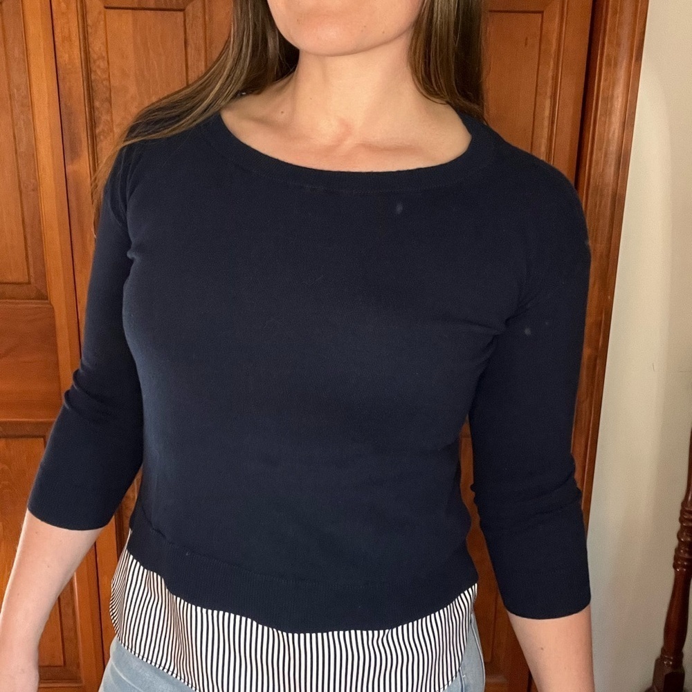 Lauren Ralph Lauren Navy Knit Top Sz M Fitted Stretch 3/4 Sleeve Preppy Classic